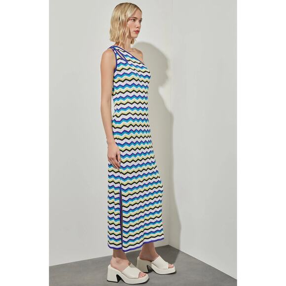 Ming Wang Modern Fit One Shoulder Column Maxi Dress Chevron Soft Knit Large NWT - Picture 4 of 16